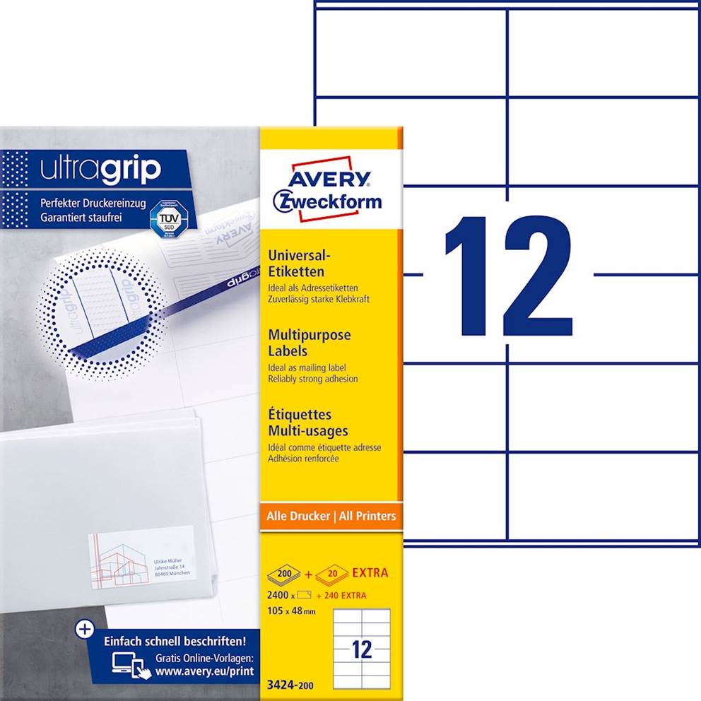 Trwałe etykiety uniwersalne; A4, 200 ark./op., 105 x 48 mm, białe