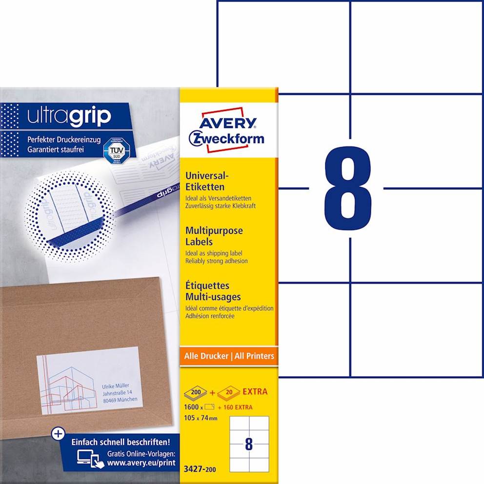 Trwałe etykiety uniwersalne; A4, 200 ark./op., 105 x 74 mm, białe