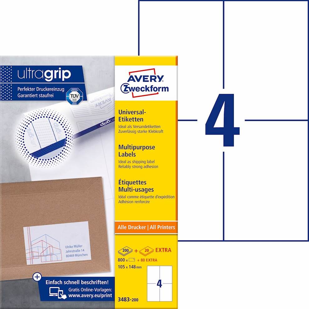 Trwałe etykiety uniwersalne; A4, 200 ark./op., 105 x 148 mm, białe