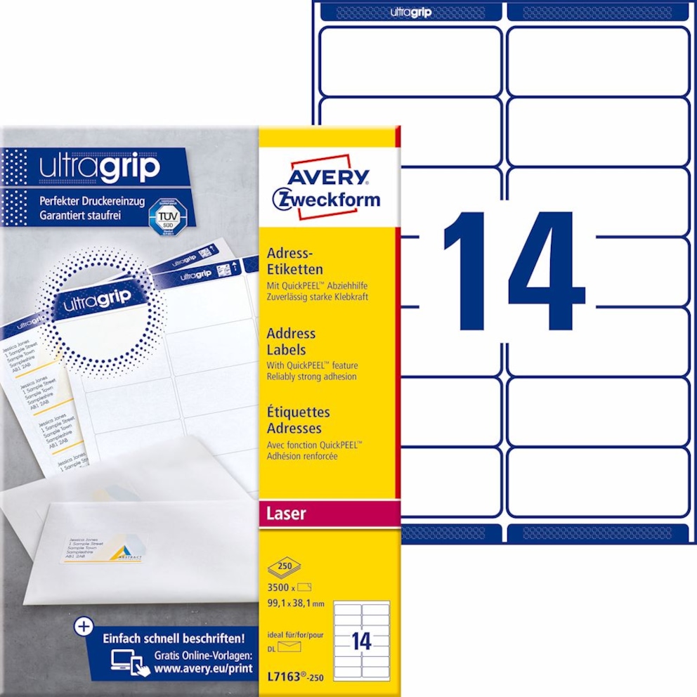 Etykiety adresowe białe; A4, 250 ark./op., 99,1 x 38,1 mm, białe