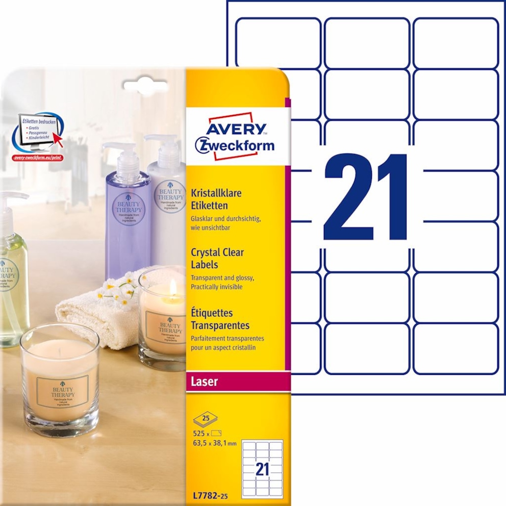 Etykiety przezroczyste Crystal Clear; A4, 25 ark./op., 63,5 x 38,1 mm, przezroczyste