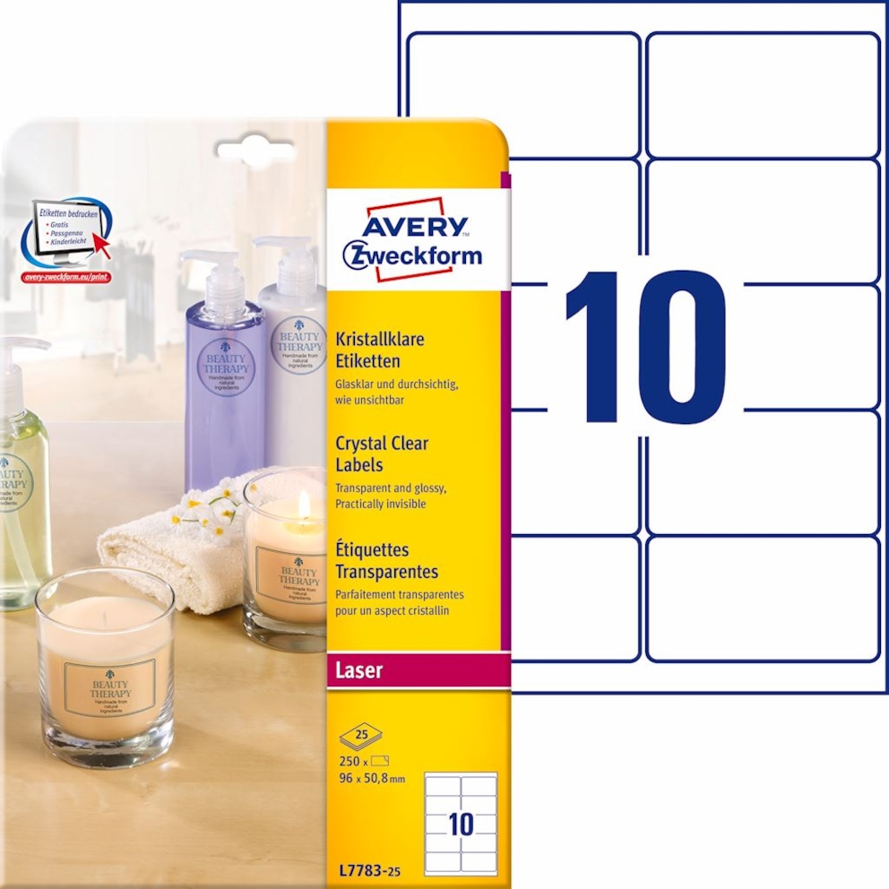 Etykiety przezroczyste Crystal Clear; A4, 25 ark./op., 96 x 50,8 mm, przezroczyste