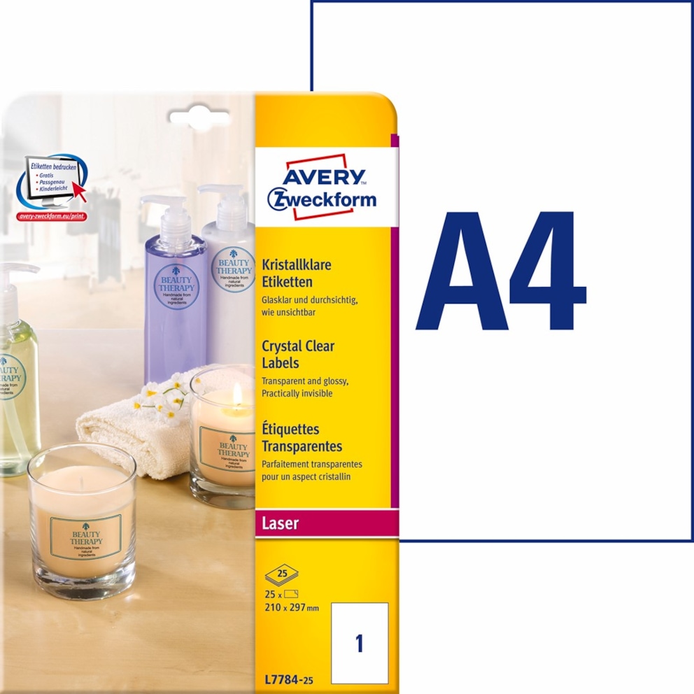 Etykiety przezroczyste Crystal Clear; A4, 25 ark./op., 210 x 297 mm, przezroczyste