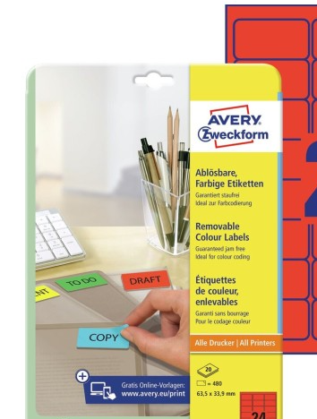 Etykiety usuwalne kolorowe; A4, 20 ark./op., 63,5 x 33,9 mm, czerwone