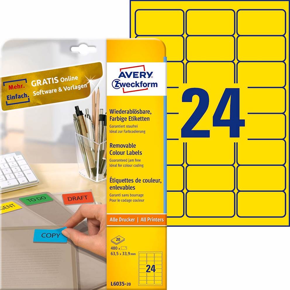 Etykiety usuwalne kolorowe; A4, 20 ark./op., 63,5 x 33,9 mm, żółte