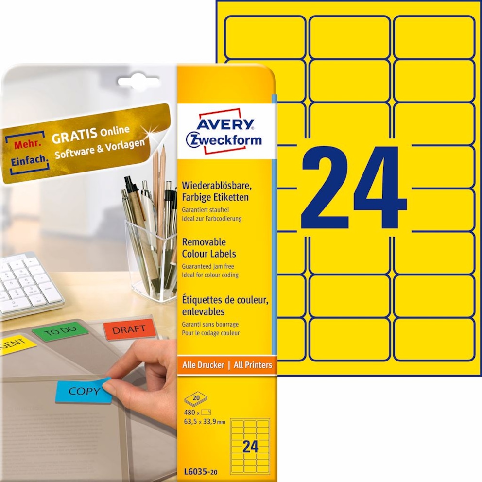 Etykiety usuwalne kolorowe; A4, 20 ark./op., 63,5 x 33,9 mm, żółte