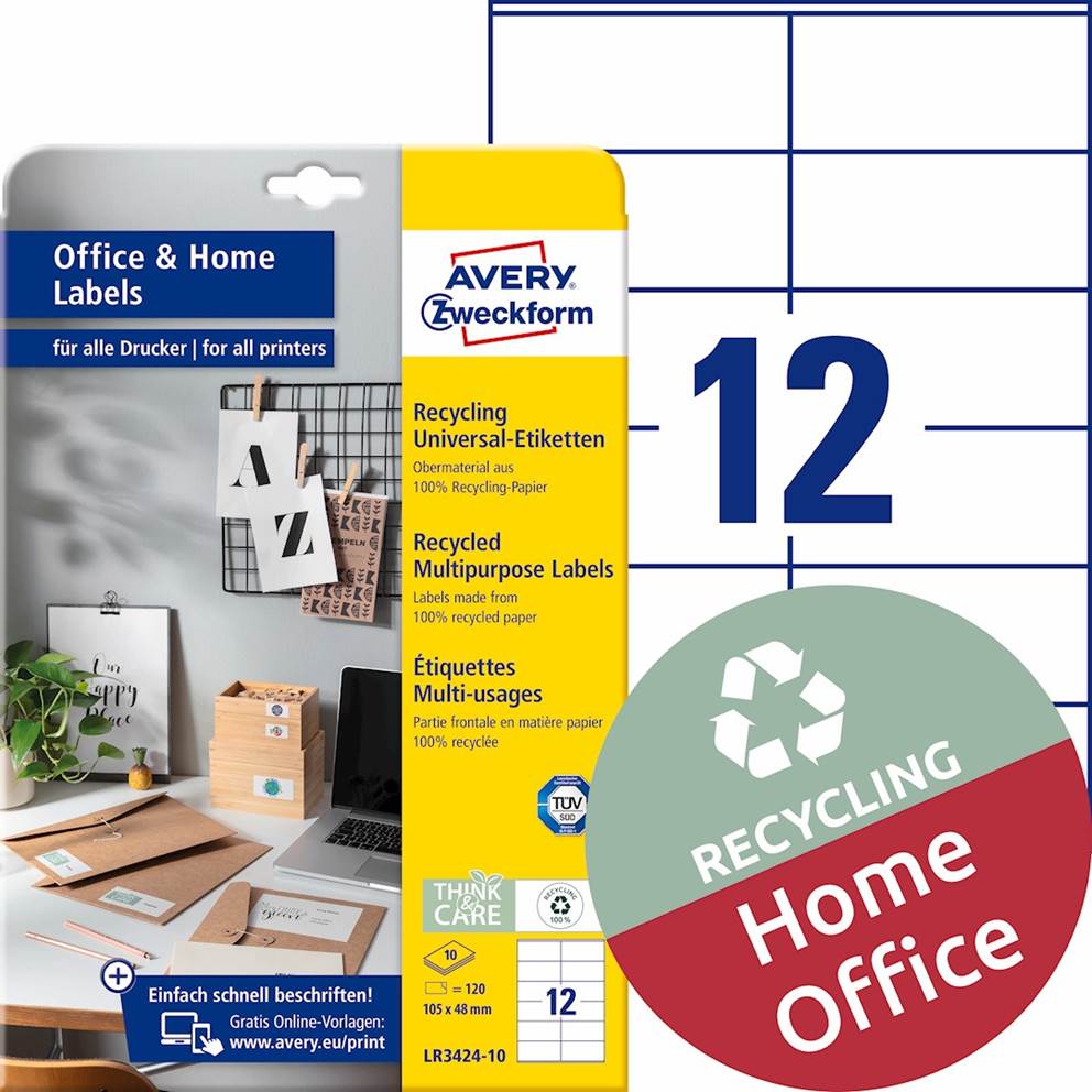 Trwałe recyklingowane etykiety uniwersalne; A4, 10 ark./op., 105 x 48 mm, białe
