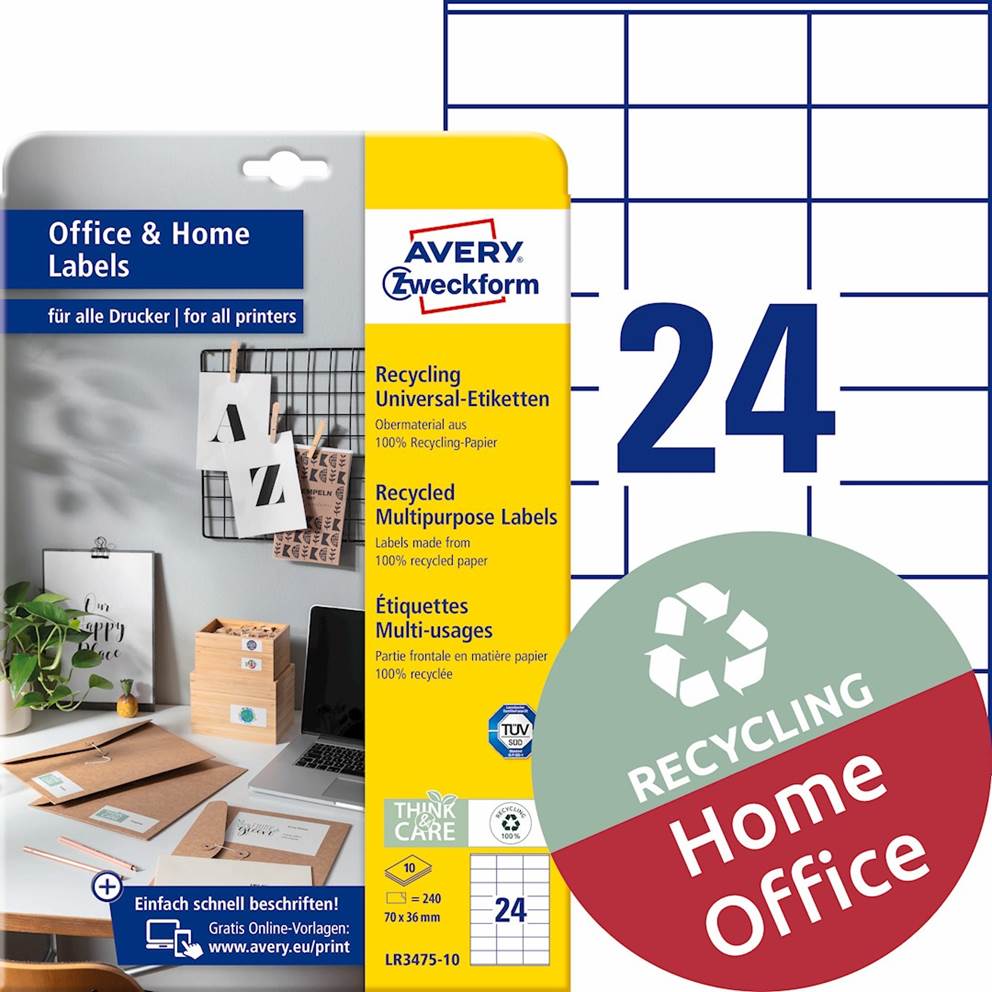Trwałe recyklingowane etykiety uniwersalne; A4, 10 ark./op., 70 x 36 mm, białe