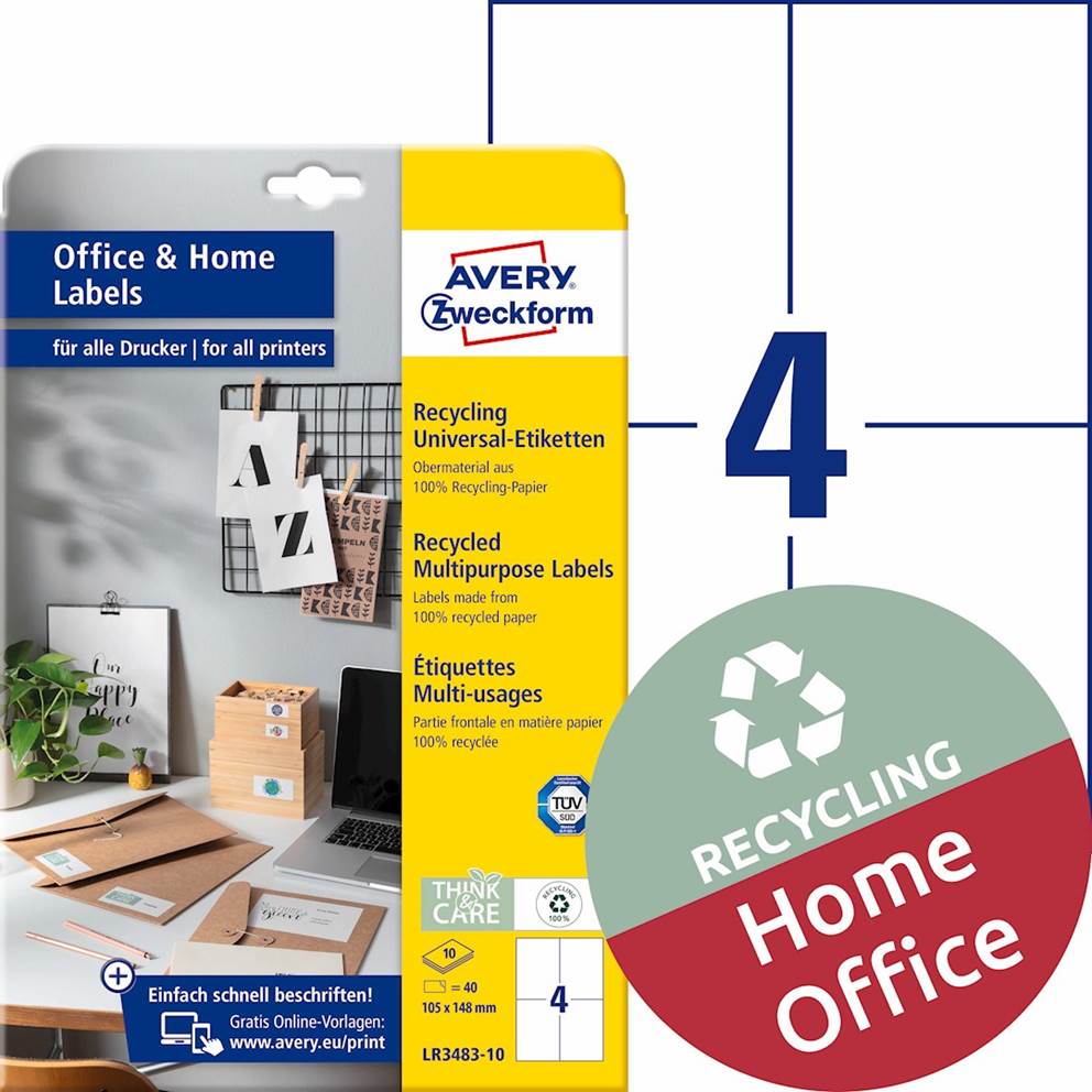 Trwałe recyklingowane etykiety uniwersalne; A4, 10 ark./op., 105 x 148 mm, białe