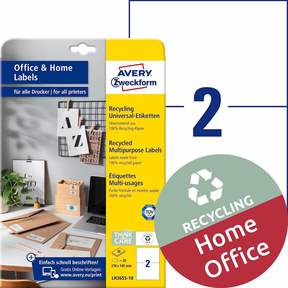 Trwałe recyklingowane etykiety uniwersalne; A4, 10 ark./op., 210 x 148 mm, białe