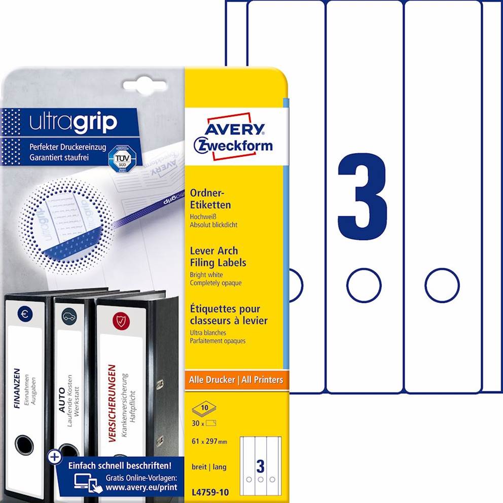 Etykiety na segregatory; A4, 10 ark./op., 61 x 297 mm, białe, szerokie