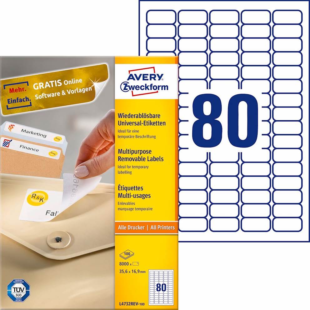 Usuwalne etykiety uniwersalne; A4, 100 ark./op., 35,6 x 16,9 mm, białe