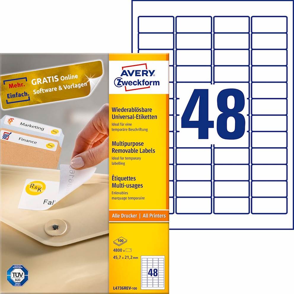 Usuwalne etykiety uniwersalne; A4, 100 ark./op., 45,7 x 21,2 mm, białe