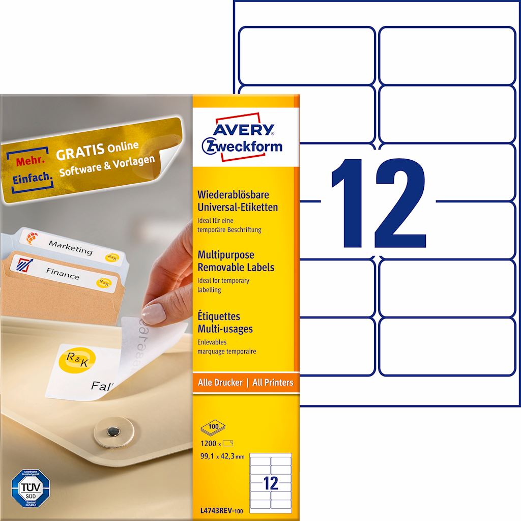 Usuwalne etykiety uniwersalne; A4, 100 ark./op., 99,1 x 42,3 mm, białe