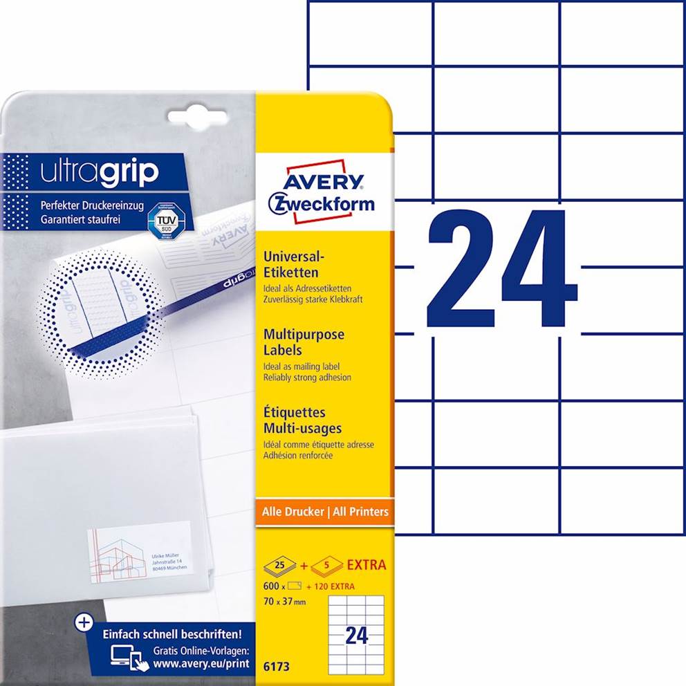 Trwałe etykiety uniwersalne; A4, 25 ark./op., 70 x 37 mm, białe