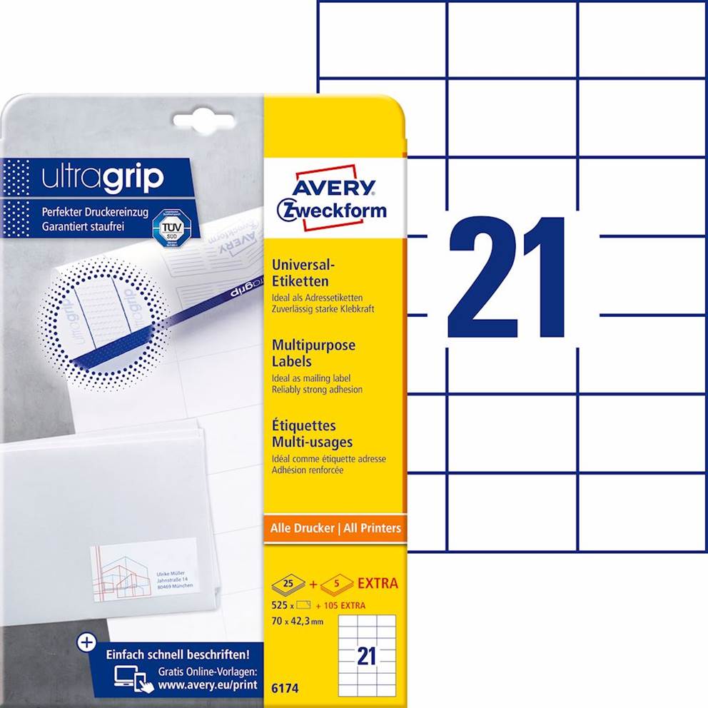 Trwałe etykiety uniwersalne; A4, 25 ark./op., 70 x 42,3 mm, białe