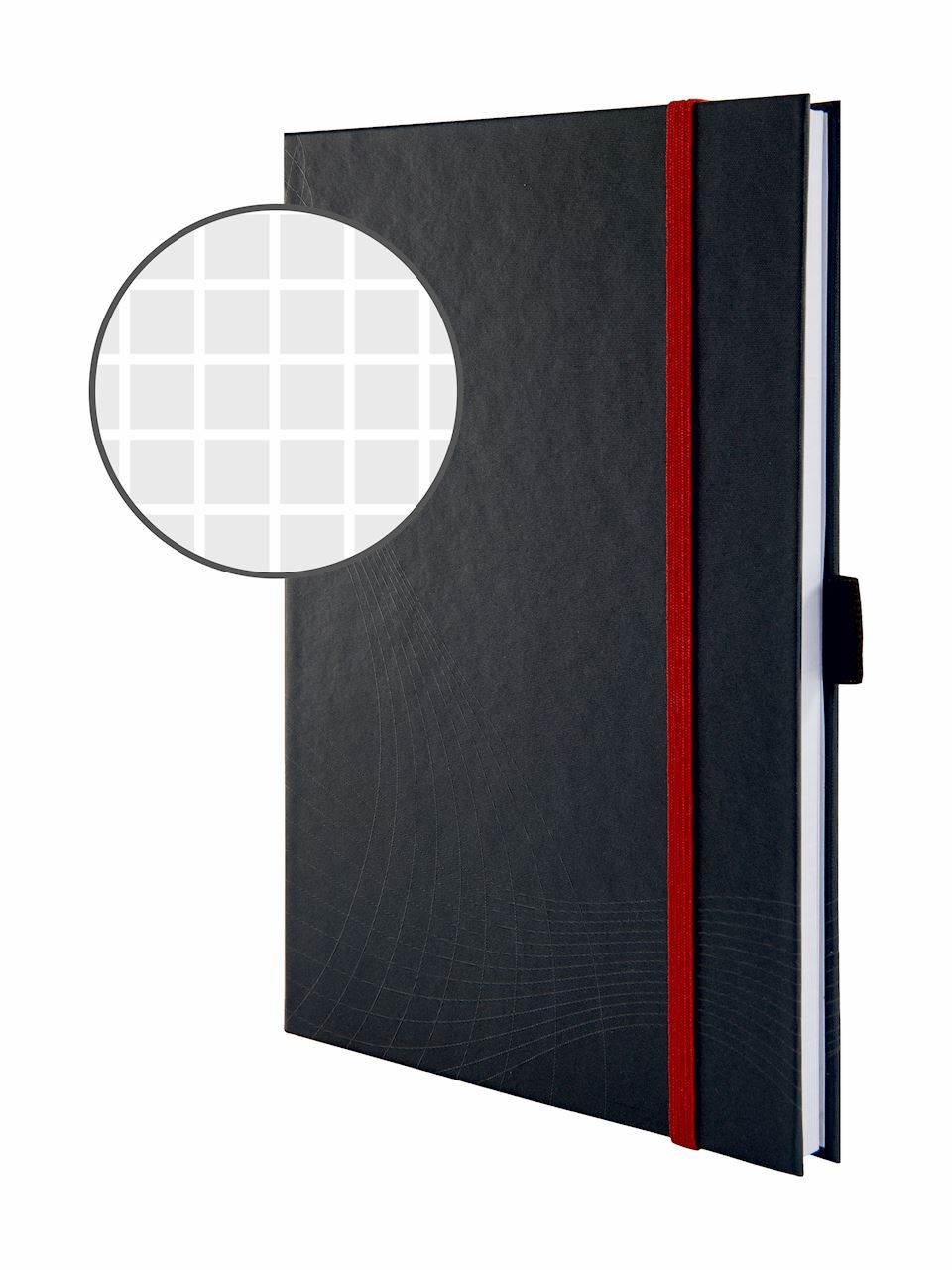 Notatnik Notizio; oprawa twarda;  kratka; 80 kartek; elastyczna gumka,  uchwyt
na długopis,  kieszeń, tasiemka do zaznaczania