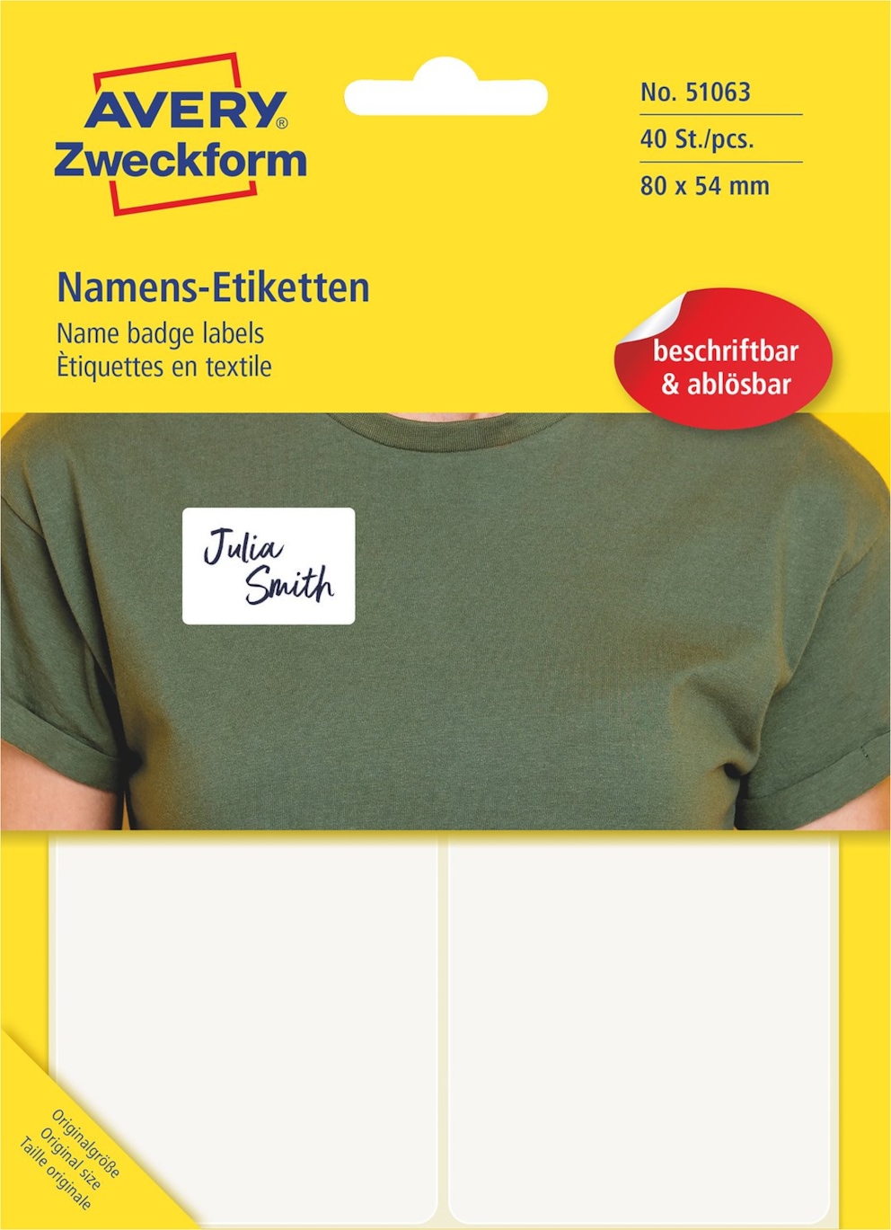 Samoprzylepne identyfikatory do opisu ręcznego, 10 ark/40 etyk.w opak, 80 x 54 mm, jedwab octanowy, usuwalne, białe, AVERY 51063