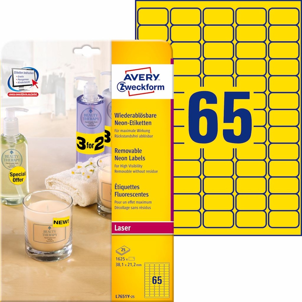 Etykiety neonowe; A4, 25 ark./op., 38,1 x 21,2 mm, żółte neonowe