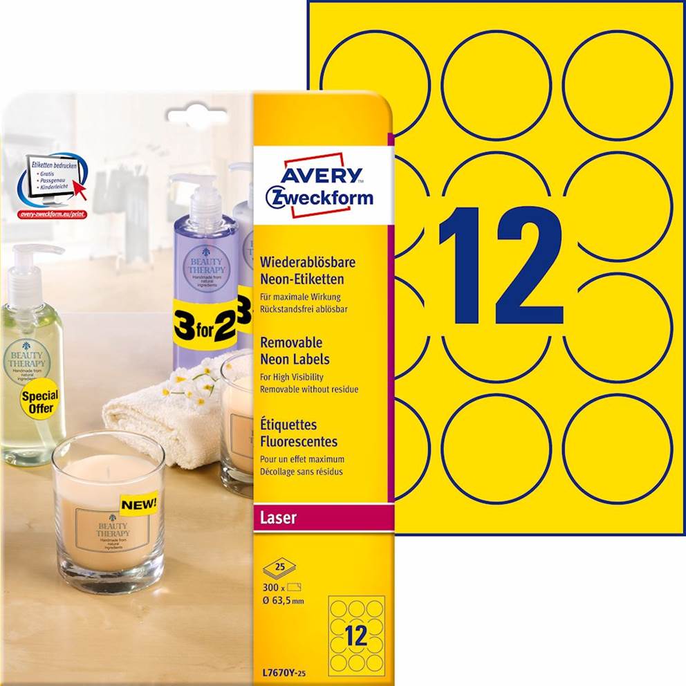 Etykiety neonowe; A4, 25 ark./op., O63,6 mm, żółte neonowe