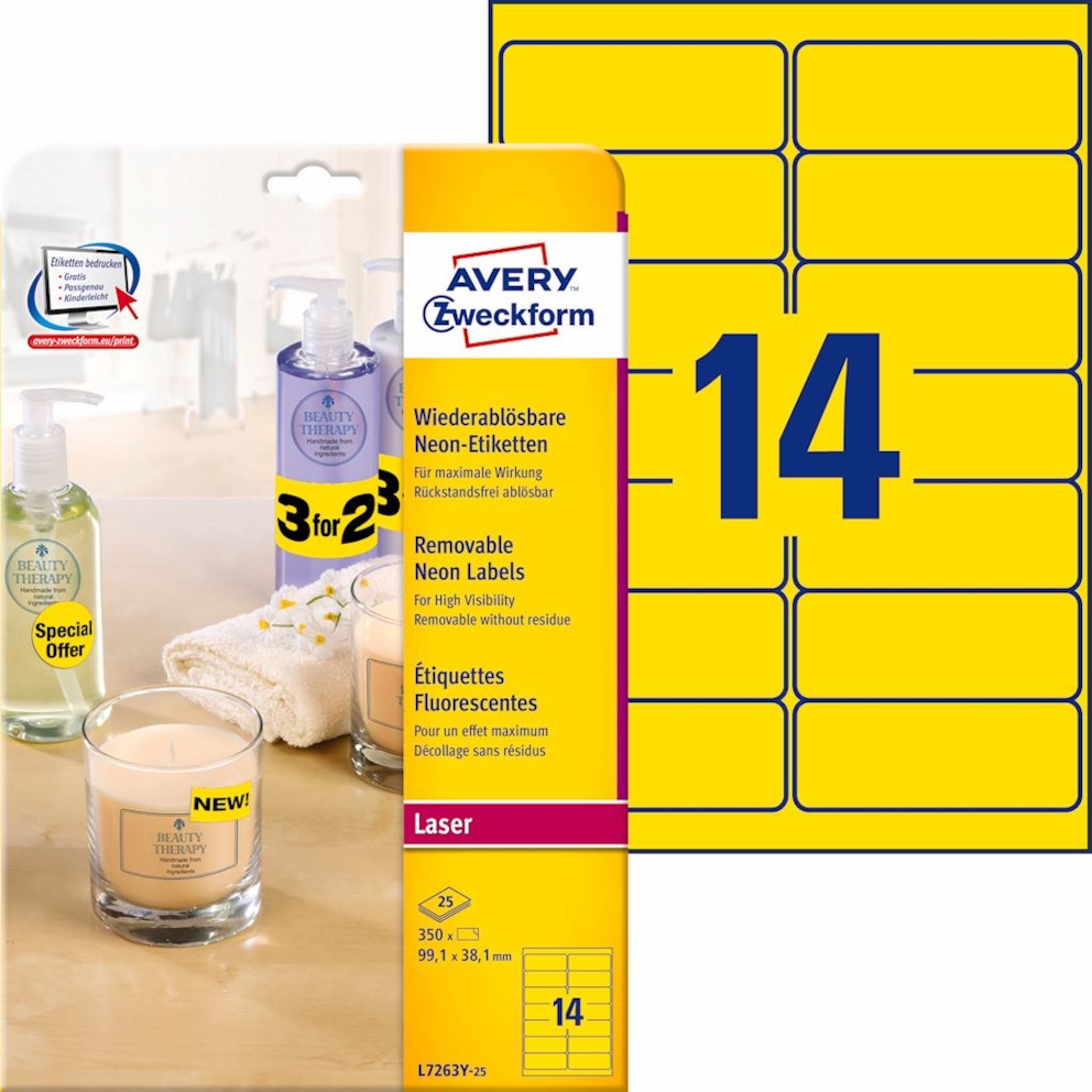 Etykiety neonowe; A4, 25 ark./op., 99,1 x 38,1  mm, żółte neonowe