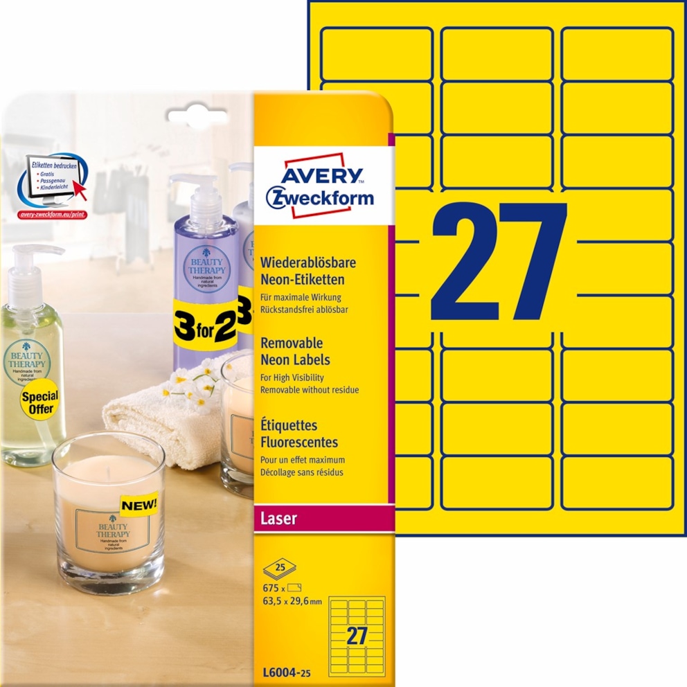 Etykiety neonowe; A4, 25 ark./op., 63,5 x 29,6 mm, żółte neonowe