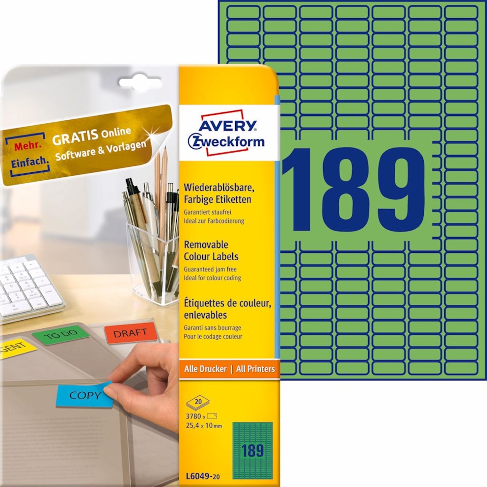 Etykiety usuwalne kolorowe; A4, 20 ark./op., 25,4 x 10 mm, zielone