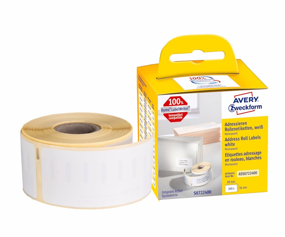 Etykiety adresowe w rolce do drukarek termicznych DymoTM ; 260 etyk. / rolka, 36 x 89 mm, trwałe, białe