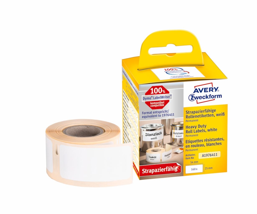 Etykiety Heavy Duty w rolce do drukarek termicznych DymoTM ; 160 etyk. / rolka, 25 x 54 mm, poliestrowe, trwałe, białe