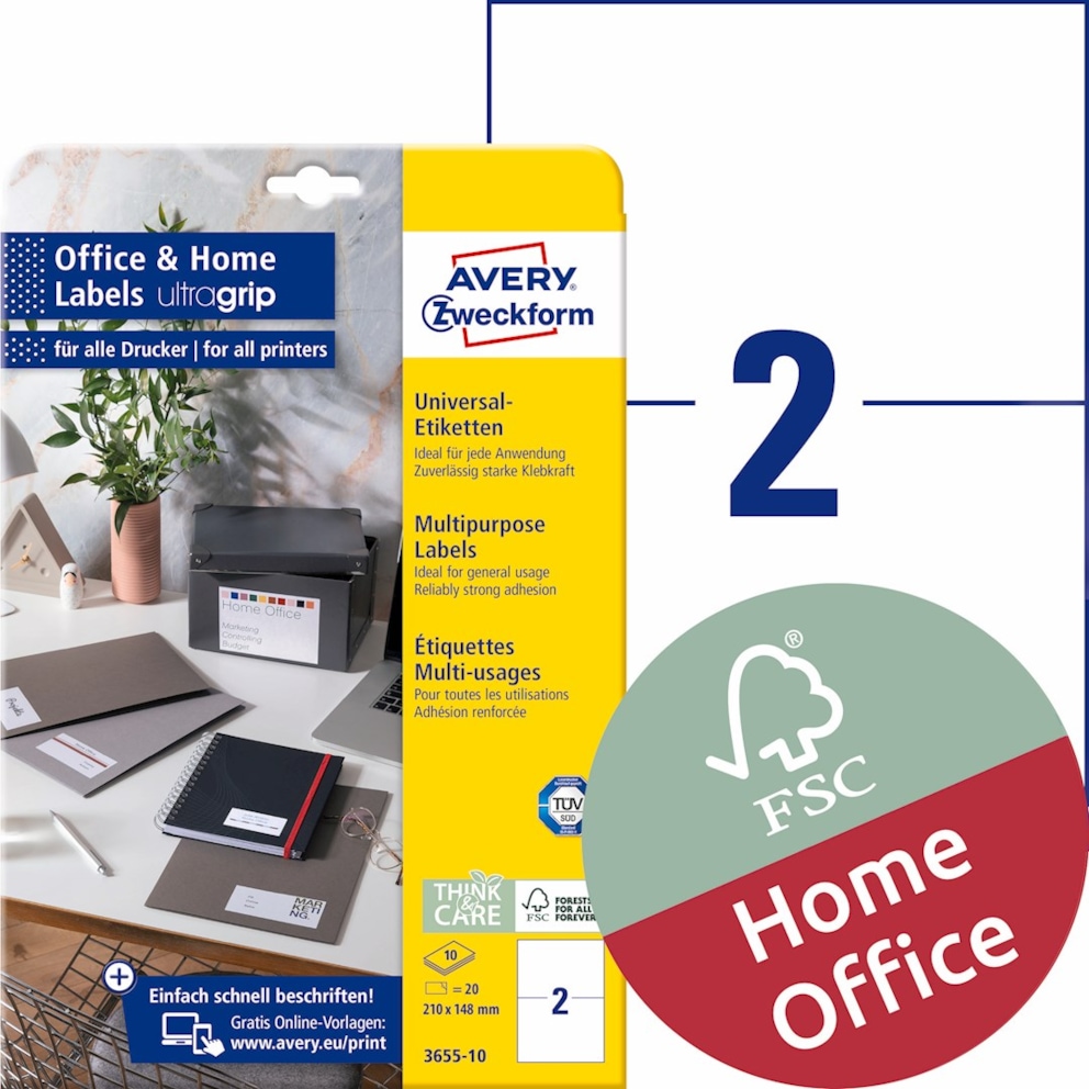 Trwałe etykiety uniwersalne; A4, 10 ark./op., 210 x 148 mm, białe