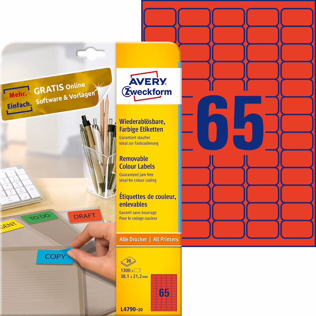 Etykiety usuwalne kolorowe; A4, 20 ark./op., 38,1 x 21,2 mm, czerwone