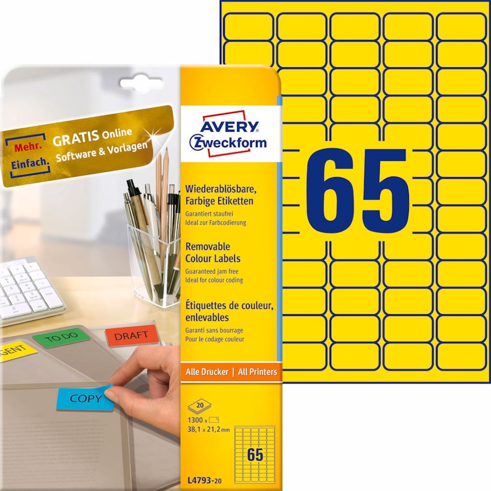 Etykiety usuwalne kolorowe; A4, 20 ark./op., 38,1 x 21,2 mm, żółte