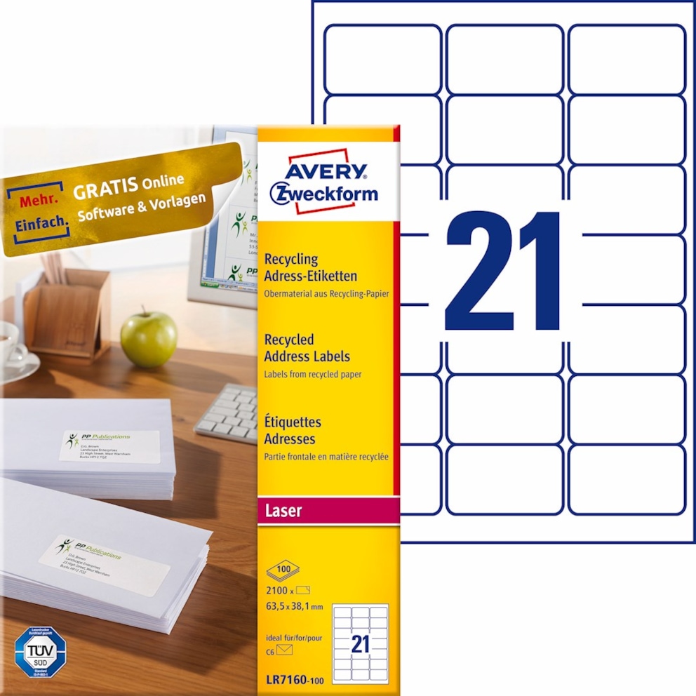 Recyklingowane etykiety adresowe; A4, 100 ark./op., 63,5 x 38,1 mm, białe