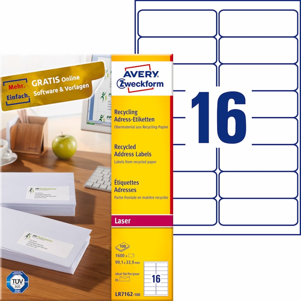 Recyklingowane etykiety adresowe; A4, 100 ark./op., 99,1 x 33,9 mm, białe
