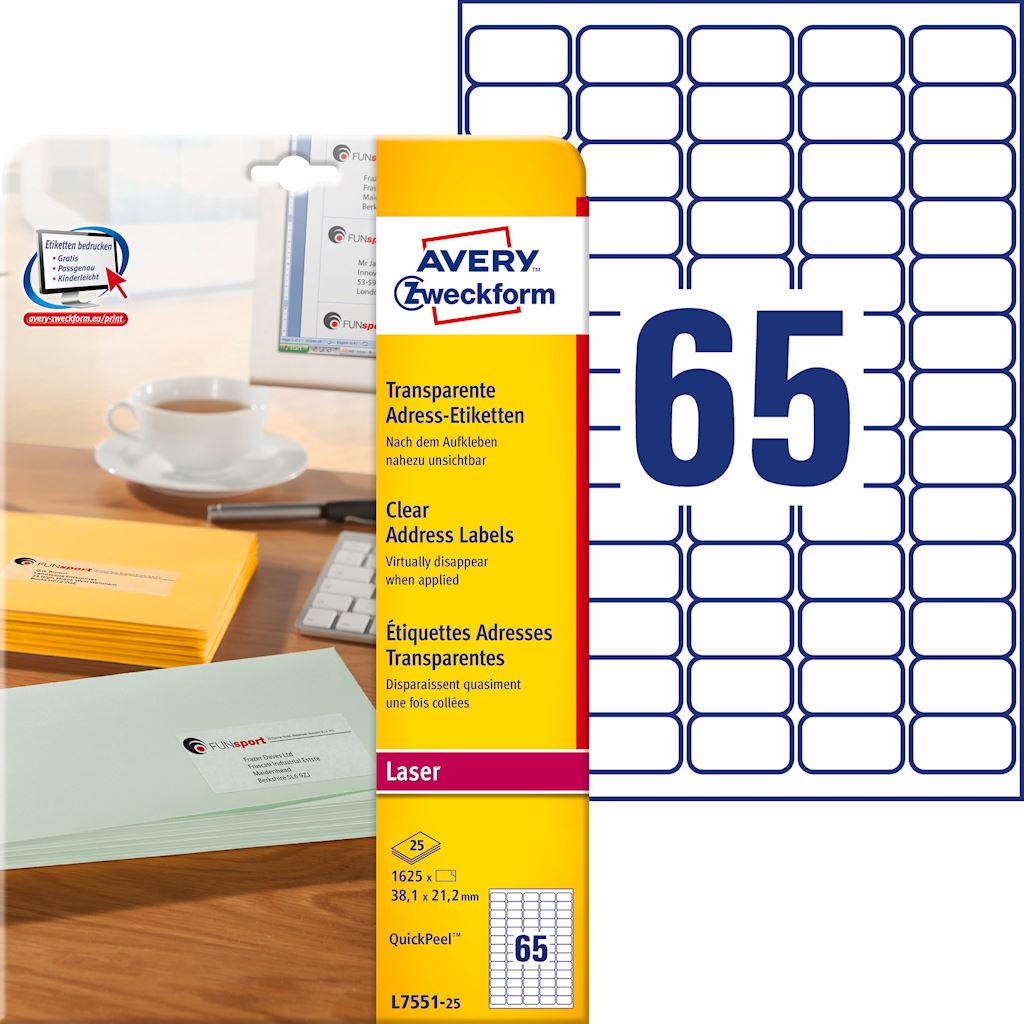 Etykiety adresowe przezroczyste; A4, 25 ark./op., 38,1 x 21,2 mm, przezroczyste