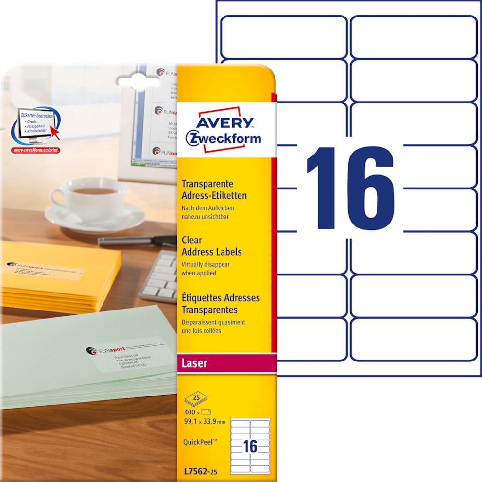 Etykiety adresowe przezroczyste; A4, 25 ark./op., 99,1 x 33,9 mm, przezroczyste