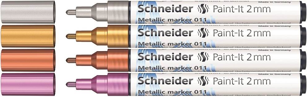 Marker akrylowy SCHNEIDER Paint-It Metallic, 2 mm, etui 4 szt., srebrny, złoty, miedziany, fioletowy