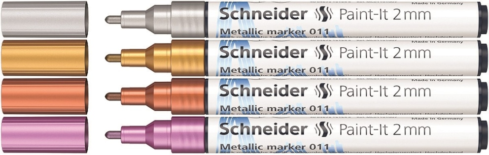 Marker akrylowy SCHNEIDER Paint-It Metallic, 2 mm, etui 4 szt., srebrny, złoty, miedziany, fioletowy