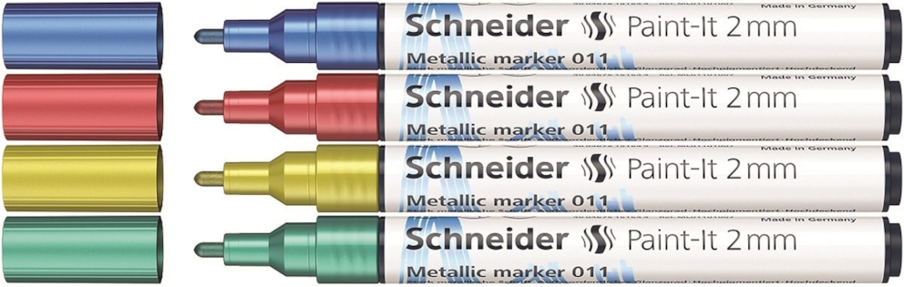 Marker akrylowy SCHNEIDER Paint-It Metallic, 2 mm, etui 4 szt., niebieski, czerowny, żółty, zielony