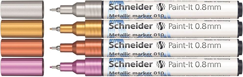 Marker akrylowy SCHNEIDER Paint-It Metallic, 0,8 mm, etui 4 szt., srebrny, złoty, miedziany, fioletowy