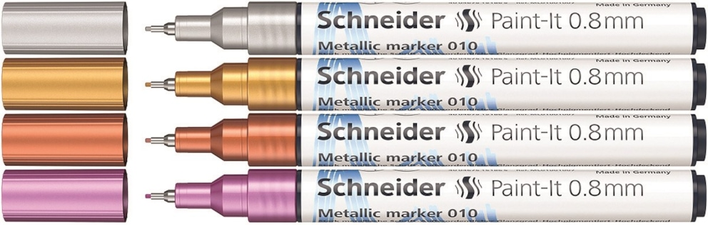 Marker akrylowy SCHNEIDER Paint-It Metallic, 0,8 mm, etui 4 szt., srebrny, złoty, miedziany, fioletowy