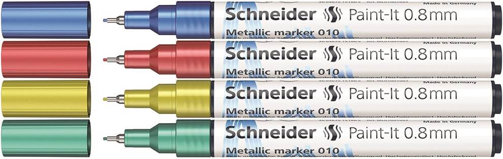 Marker akrylowy SCHNEIDER Paint-It Metallic, 0,8 mm, etui 4 szt., niebieski, czerowny, żółty, zielony