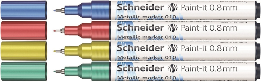Marker akrylowy SCHNEIDER Paint-It Metallic, 0,8 mm, etui 4 szt., niebieski, czerowny, żółty, zielony