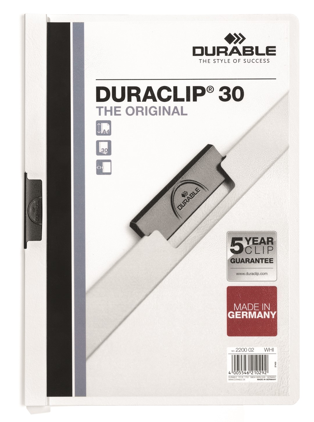 DURACLIP® Original 30, skoroszyt zaciskowy A4, 1-30 kart. biały