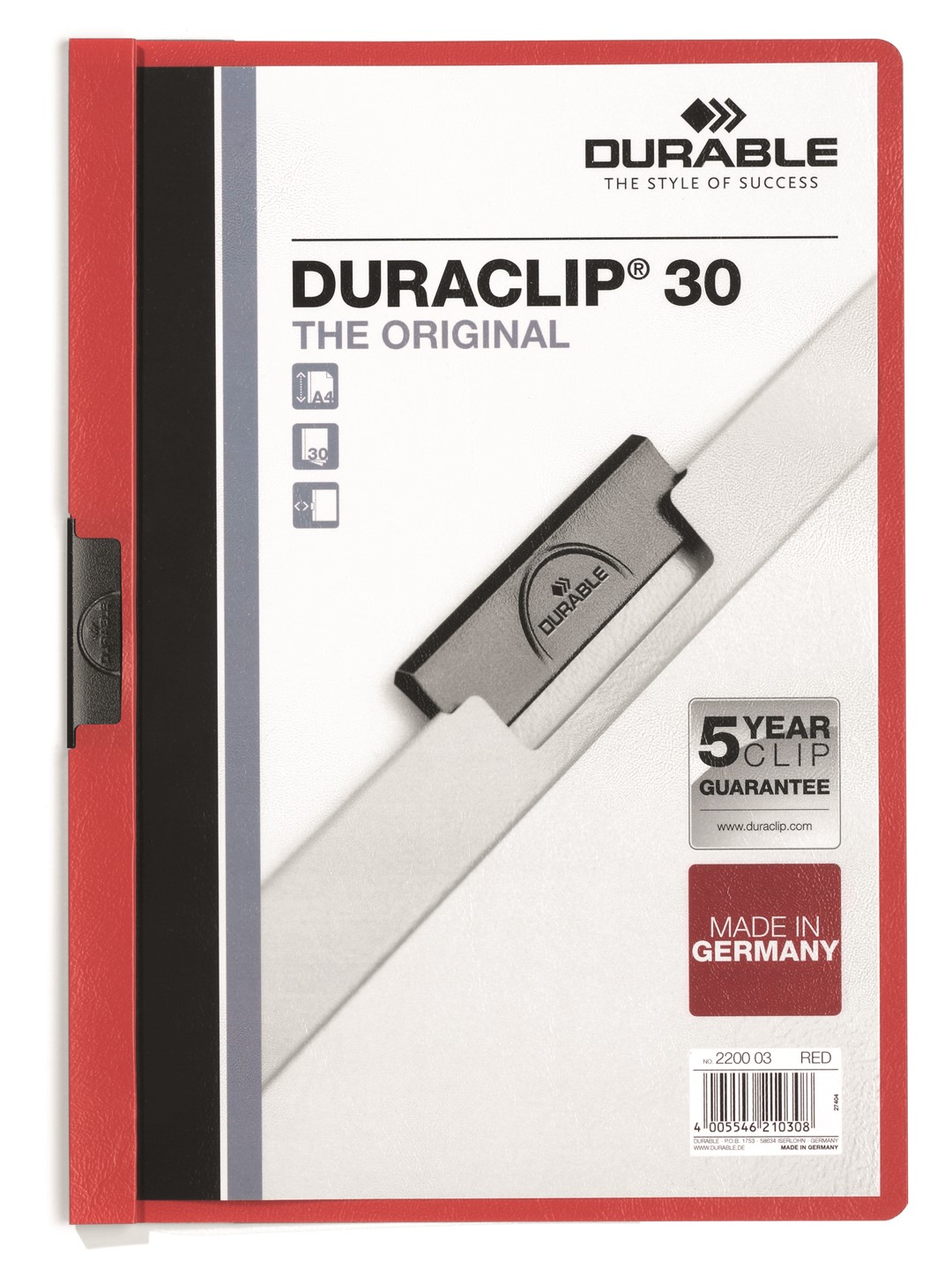 DURACLIP® Original 30, skoroszyt zaciskowy A4, 1-30 kart. czerwony