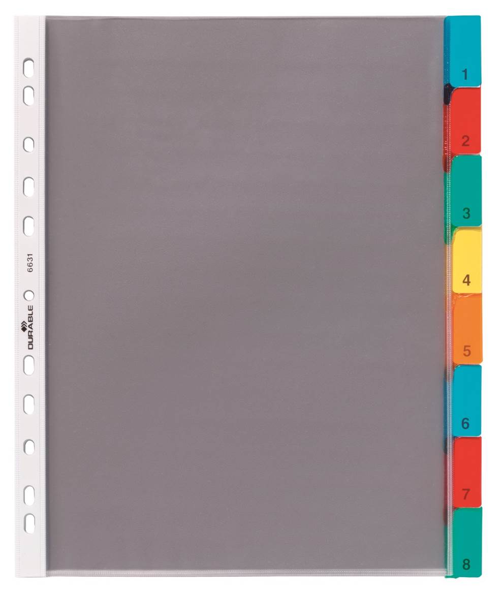 Przekładki A4, kolorowe zgrzane indeksy, 8 części przezroczysty