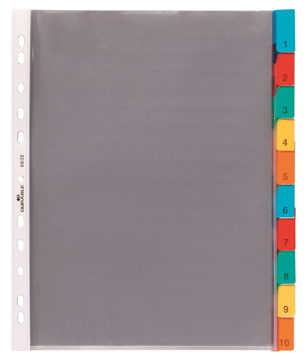 Przekładki A4, kolorowe zgrzane indeksy, 10 części przezroczysty