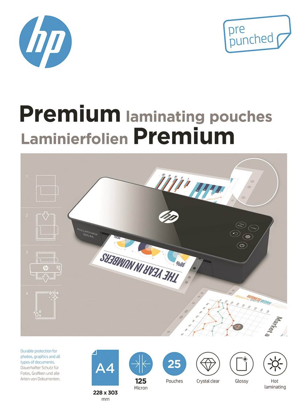 Folie laminacyjne HP PREMIUM A4, dziurkowanie, 125 mic, 25 szt., przezroczyste/połysk