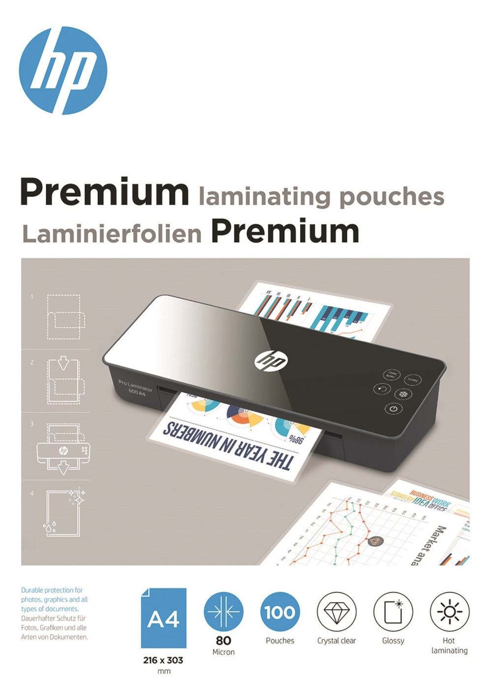 Folie laminacyjne HP PREMIUM, A4, 80 mic, 100 szt., przezroczyste/połysk