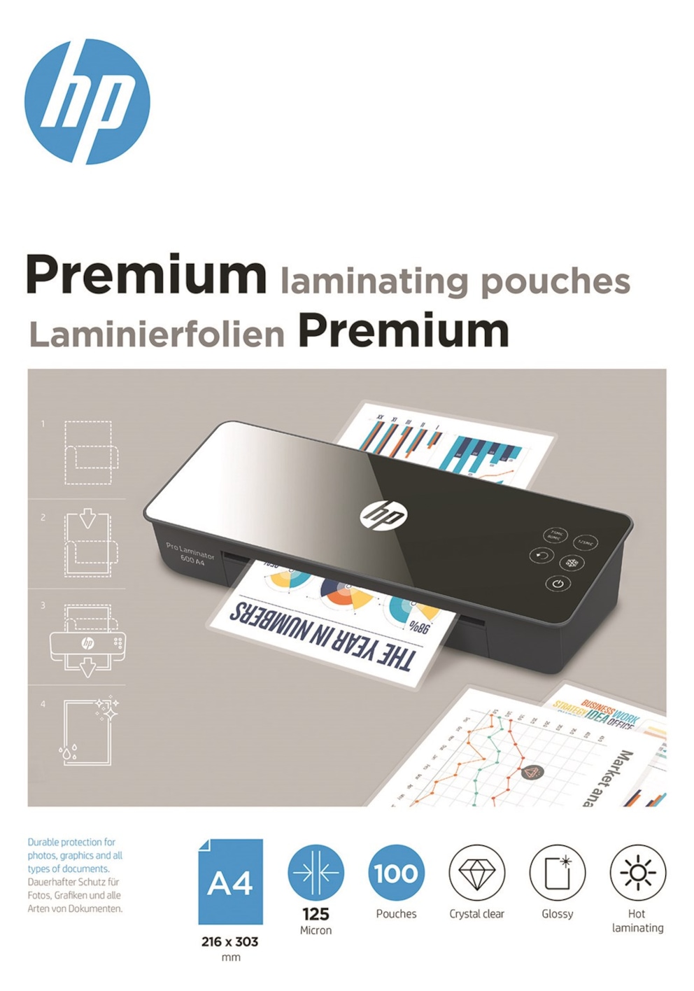 Folie laminacyjne HP PREMIUM, A4, 125 mic, 100 szt., przezroczyste/połysk